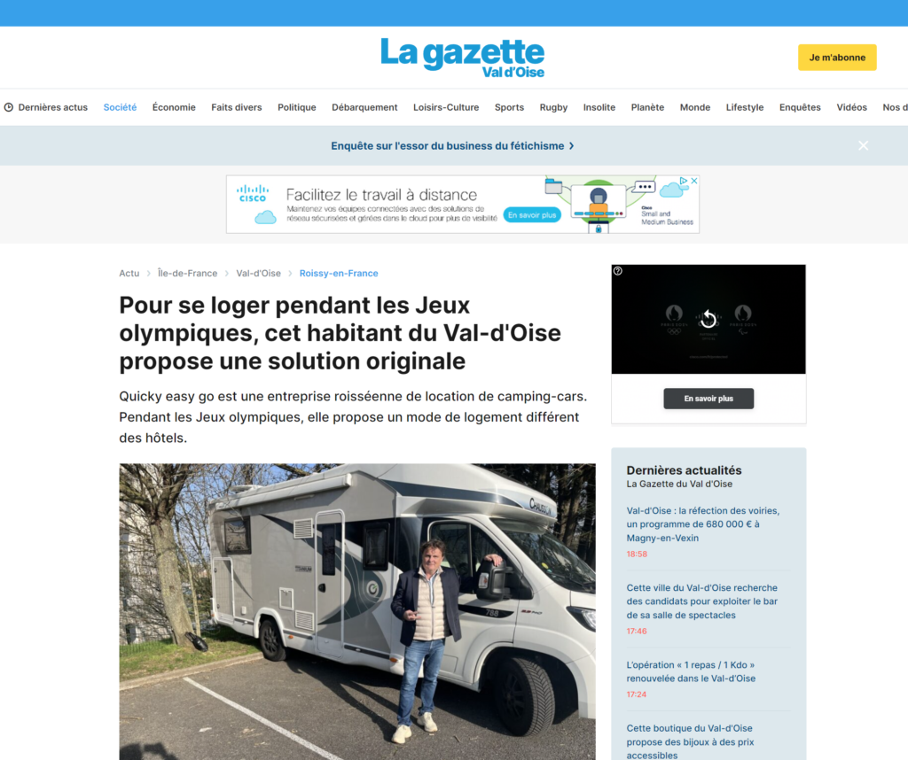 gazette-val-doise-JO-2024 La Gazette du Val d'Oise parle de l'offre qui associe la location d'un camping car avec emplacement pour les JO 2024