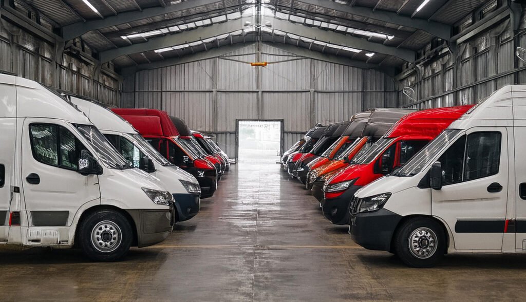 hiverner-camping-car-parking camping cars de type van aménagé, fourgon, capucine et profilé stationnés dans un hangar pour l'hivernage