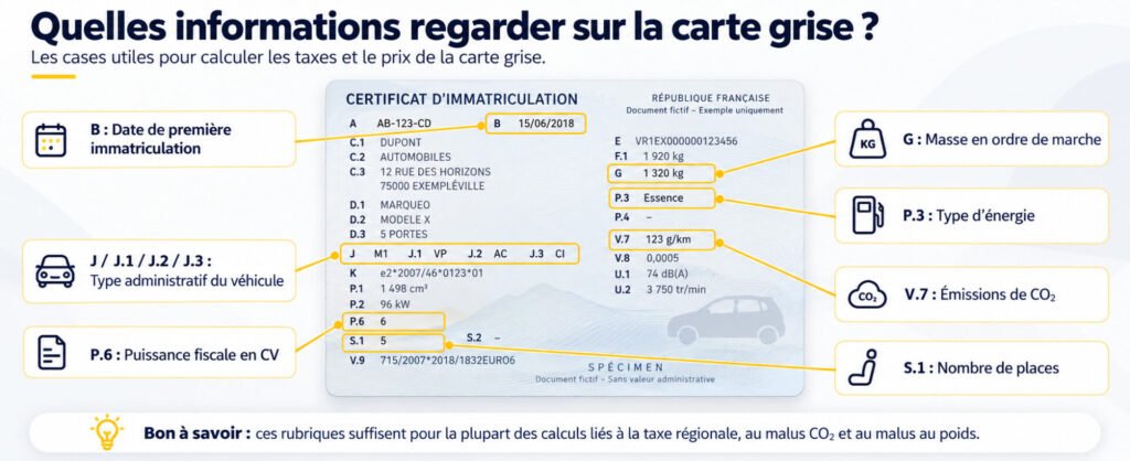 Où sont situées les informations clés à regarder sur la carte grise pour calculer les taxes et le malus ?